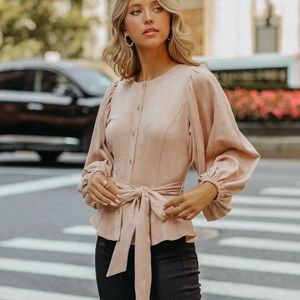 Lionel Faux Suede Balloon Sleeve Peplum Blouse